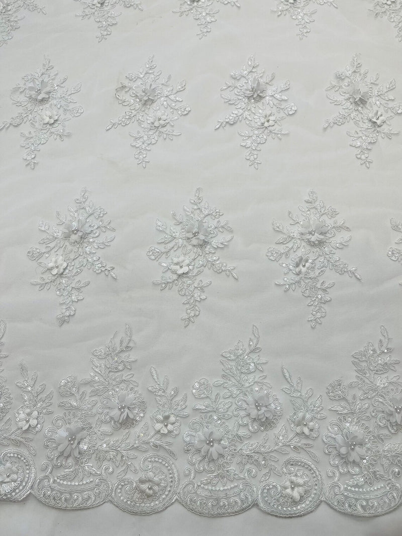 3D Floral Valentina Lace Fabric - White - Sequins and Beads on Flower Design Fabric By Yard