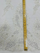 Beaded Floral Fabric - White - Luxury Bridal Floral Pattern Fabric With Beads, Sequins Sold By Yard