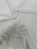 Sparkle Glitter Beaded Fabric - White - Shimmer Stretch Glitter Fabric with Beads and Sequins Sold By Yard