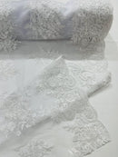 Flower Lace Sequins Fabric - White - Embroidered Floral Pattern Fabric with Sequins on Lace By Yard