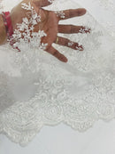 Damask Flower Lace Fabric - White - Damask Flowers Embroidered on Lace Fabric By Yard