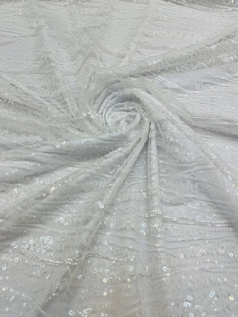 Wavy Leaf Lines Fabric - White - Beaded Sequins Leaf Pattern Embroidered On Mesh By Yard