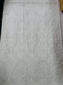 Beaded Embroidered Fabric - White - Embroidered Heart and Feather Pattern Fabric Sold By Yard