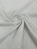 Plant Cluster Glitter Fabric - off White - Beaded Embroidered Leaf Plant Design on Lace Mesh By Yard