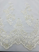Floral Cluster Beaded Fabric - White - Embroidered Flower Beaded Fabric Sold By Yard