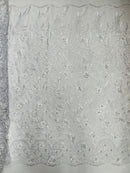 3D Floral Leaf Line Panels - White - 3D Embroidered Flower Lines with Pearls on Lace By Yard