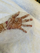 Floral Plant Bead Design - White - Beaded Flower Plants Embroidered  Sequins Fabric By Yard