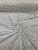 Wavy Floral Beaded Fabric - White - Geometric Beaded Sequins Embroidered Fabric Sold By Yard