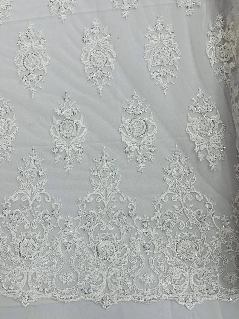 Embroidered Bead Fabric - White - Floral Damask Bead Bridal Lace Fabric by the yard