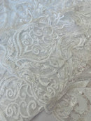 Leaf Damask Bead Fabric - White - Embroidered Sequins Heavy Beaded Lace Fabric by Yard