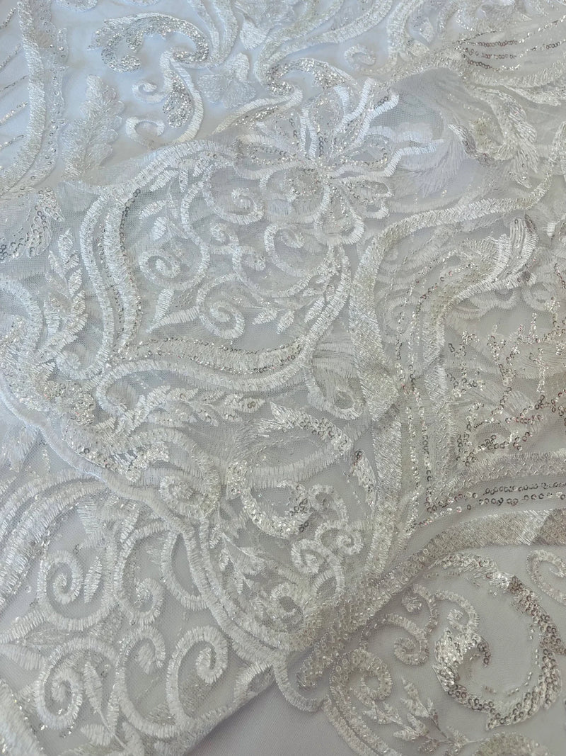 Leaf Damask Bead Fabric - White - Embroidered Sequins Heavy Beaded Lace Fabric by Yard