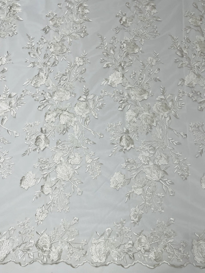 Rose Plant Design Sequins Fabric - White - Embroidered Sequins Rose Pattern on Lace By Yard