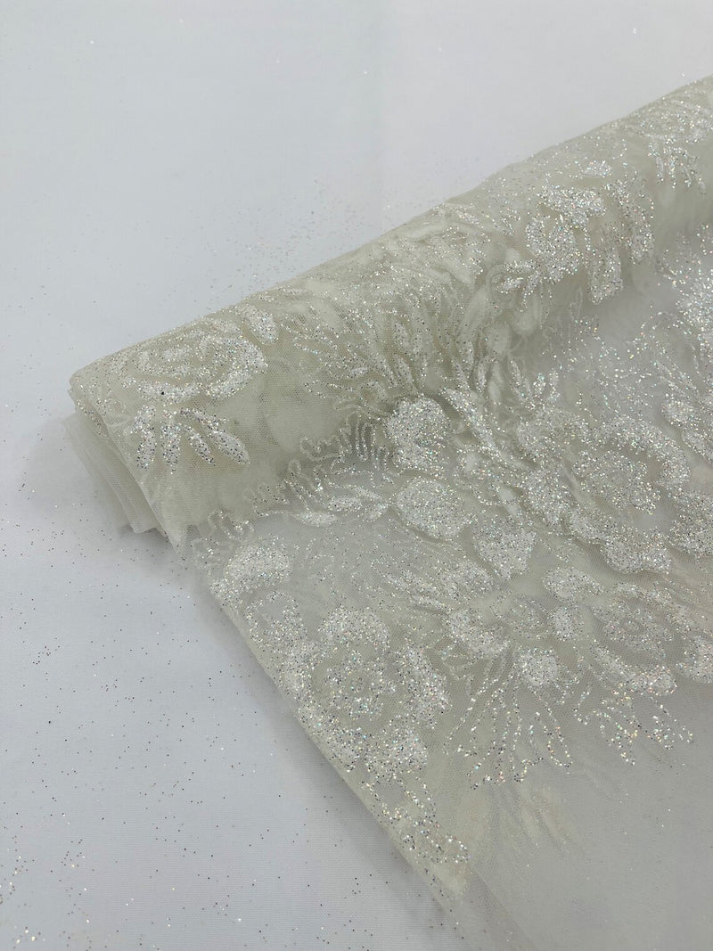 Rose Tulle Glitter Design Fabric - White - 3D Glitter Tulle Rose Plant Design Fabric By Yard