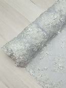 3D Flower Pearl Design - White - Embroidered Sequins Floral Clusters Lace Fabric By Yard