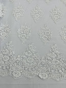 Heavy Bridal Lace Fabric - White - Floral Beaded Heavy Lace Fabric Sold by Yard