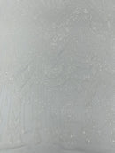 Zig Zag Tear Drop Sequins - White - Embroidered Zig Zag Sequins 4 Way Stretch By Yard