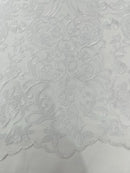 Damask Fancy Design - White - Embroidered Mesh Damask Design Lace Fabric Sold by Yard