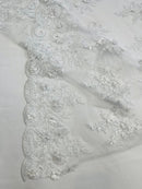3D Floral Valentina Lace Fabric - White - Sequins and Beads on Flower Design Fabric By Yard