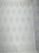 Flower Lace Sequins Fabric - White - Embroidered Floral Pattern Fabric with Sequins on Lace By Yard