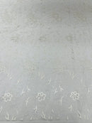 Floral Glitter Design Fabric -  White - 3D Glitter Tulle Flower Plant Design Fabric By Yard
