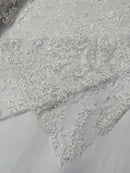 Leaf Pattern Sequins Fabric - White - Natural Leaf Beads and Sequins Lace Fabric by the yard