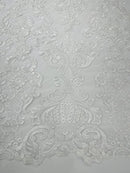 King Lace Design Fabric - White - King Design with Sequins Embroidered On Mesh By Yard