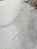 Damask Fancy Design - White - Embroidered Mesh Damask Design Lace Fabric Sold by Yard