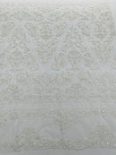 My Lady Beaded Fabric - White - Damask Beaded Sequins Embroidered Fabric By Yard