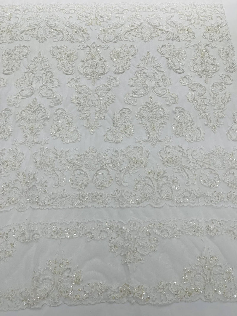 My Lady Beaded Fabric - White - Damask Beaded Sequins Embroidered Fabric By Yard