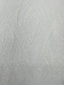 Mermaid Design Fabric - White - 4 Way Stretch Sequins Fabric on Lace Mesh Sold By Yard