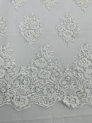 Heavy Bridal Lace Fabric - White - Floral Beaded Heavy Lace Fabric Sold by Yard