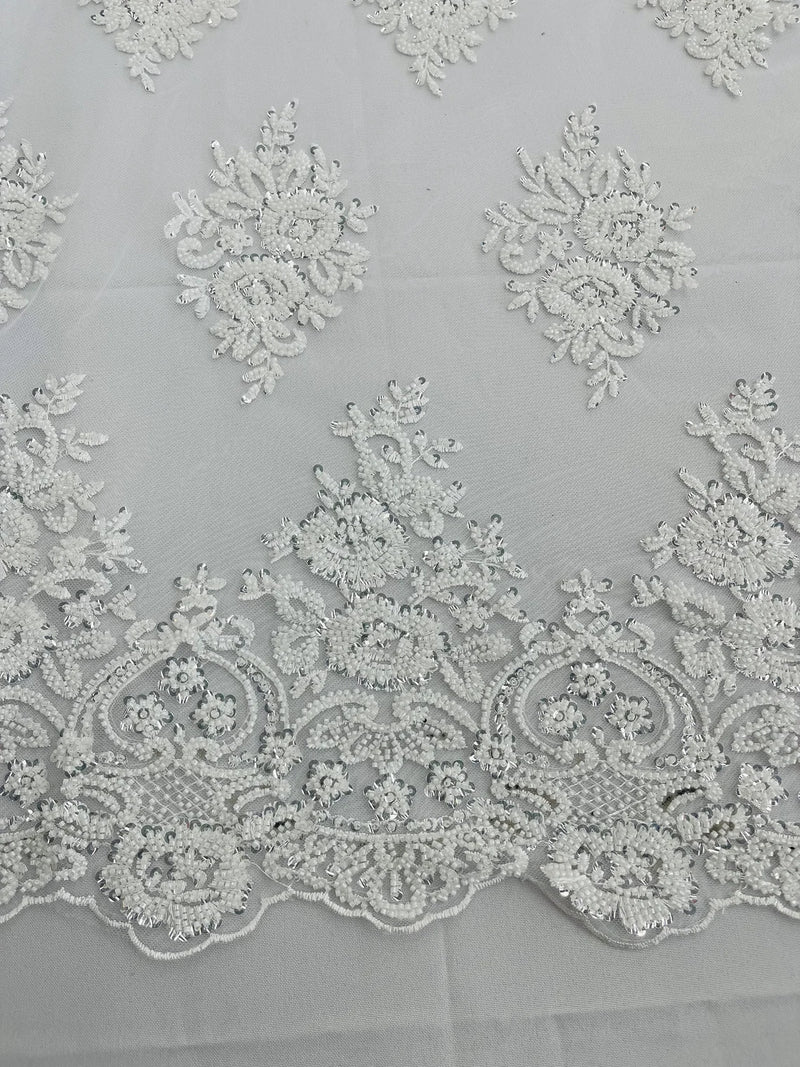Heavy Bridal Lace Fabric - White - Floral Beaded Heavy Lace Fabric Sold by Yard