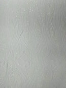 Wavy Leaf Design Fabric - White - 4 Way Stretch Sequins Lace Mesh Leaf Design Fabric by Yard