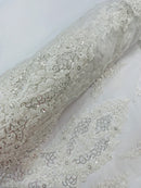 Beaded Floral Fabric - White - Luxury Bridal Floral Pattern Fabric With Beads, Sequins Sold By Yard