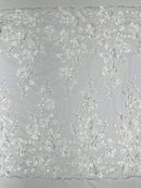 Floral 3D Pearl Fabric - White - Embroidered Double Border Flower Design Pearl Fabric By Yard