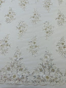 3D Rhinestone Flower Fabric - White - 3D Flower Beaded Clusters with Sequins and Rhinestones By Yard