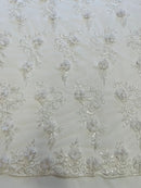3D Floral Cluster with Border Lace - White - Flower with Leaves Design 3D Fabrics Sold By Yard