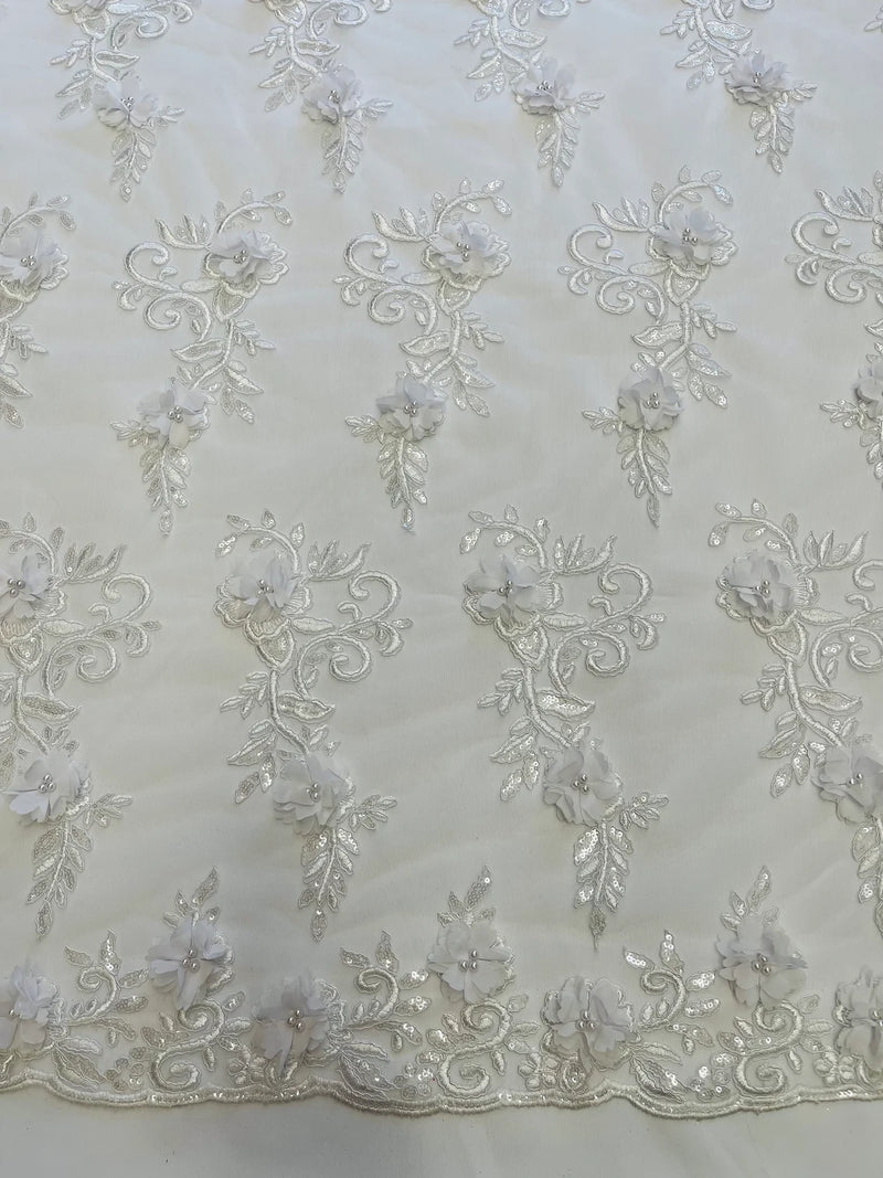 3D Floral Cluster with Border Lace - White - Flower with Leaves Design 3D Fabrics Sold By Yard