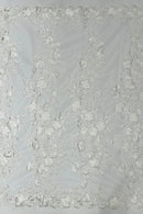 Rose Plant Design Sequins Fabric - White - Embroidered Sequins Rose Pattern on Lace By Yard