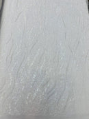 Wavy Leaf Lines Fabric - White - Beaded Sequins Leaf Pattern Embroidered On Mesh By Yard