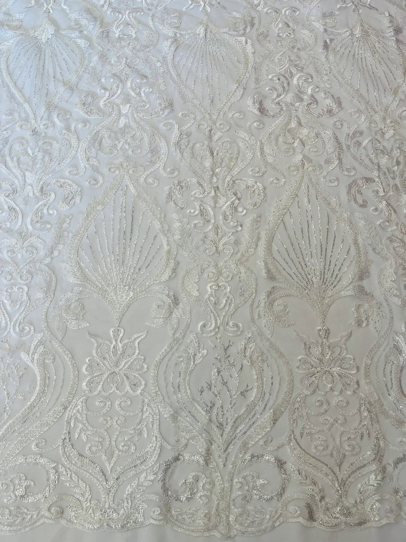 Leaf Damask Bead Fabric - White - Embroidered Sequins Heavy Beaded Lace Fabric by Yard