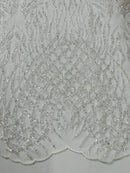 Beaded Embroidered Fabric - White - Embroidered Heart and Feather Pattern Fabric Sold By Yard