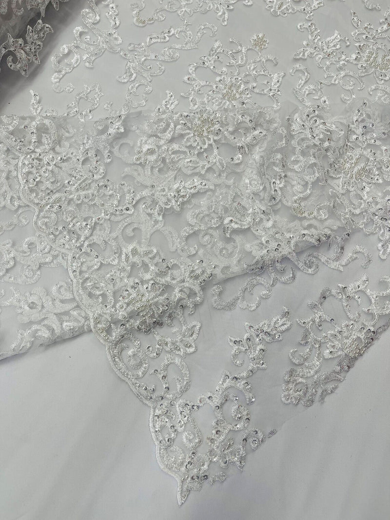 Leaf Pattern Sequins Fabric - White - Natural Leaf Beads and Sequins Lace Fabric by the yard