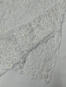 Flower Lines Bead Fabric - White - Beaded Flower Fabric with Curled Long Lines Pattern By Yard