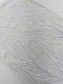 Leaf Stretch Sequins Fabric - White - 4 Way Stretch Sequins on Lace Mesh Fabric by Yard