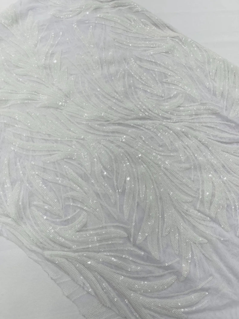 Leaf Stretch Sequins Fabric - White - 4 Way Stretch Sequins on Lace Mesh Fabric by Yard