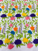 Multi-Color on White Mesh Mexican Sarape Fabric - Embroidered Colorful Flower Design Fabric By Yard