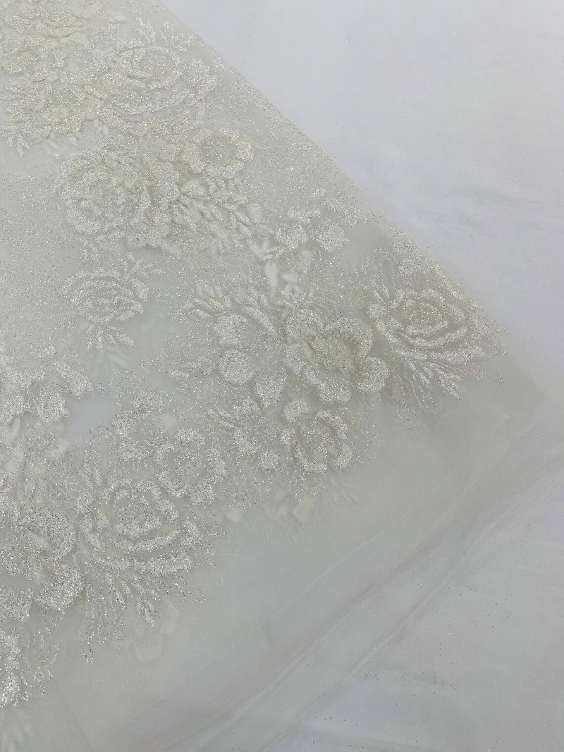 Rose Tulle Glitter Design Fabric - White - 3D Glitter Tulle Rose Plant Design Fabric By Yard