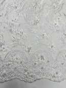 3D Floral Leaf Line Panels - White - 3D Embroidered Flower Lines with Pearls on Lace By Yard