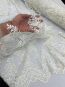 Floral Cluster Beaded Fabric - White - Embroidered Flower Beaded Fabric Sold By Yard